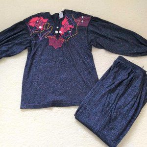 vintage 80s  black metallic knit embroidered matching set
